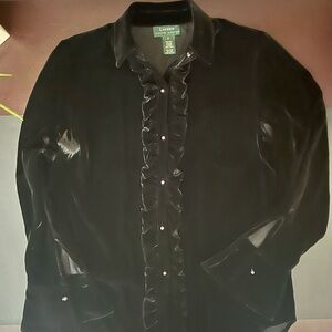 LAUREN RALPH LAUREN Elegant Velvet Ruffled Blouse with Pearl buttons